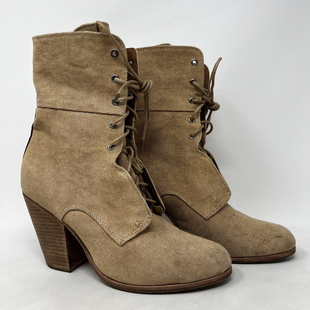 Rag & Bone Sz 40 EU Deacon Canvas Beige Fold Over Lace Up Heels Boots $550